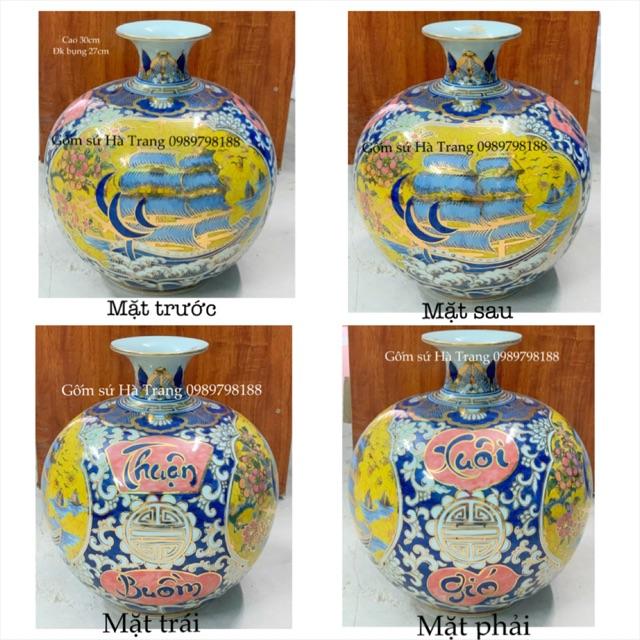 Bình hút tài lộc gốm sứ Bát Tràng cao cấp vẽ vàng 24K họa tiết thuận buồm xuôi gió cao 30cm