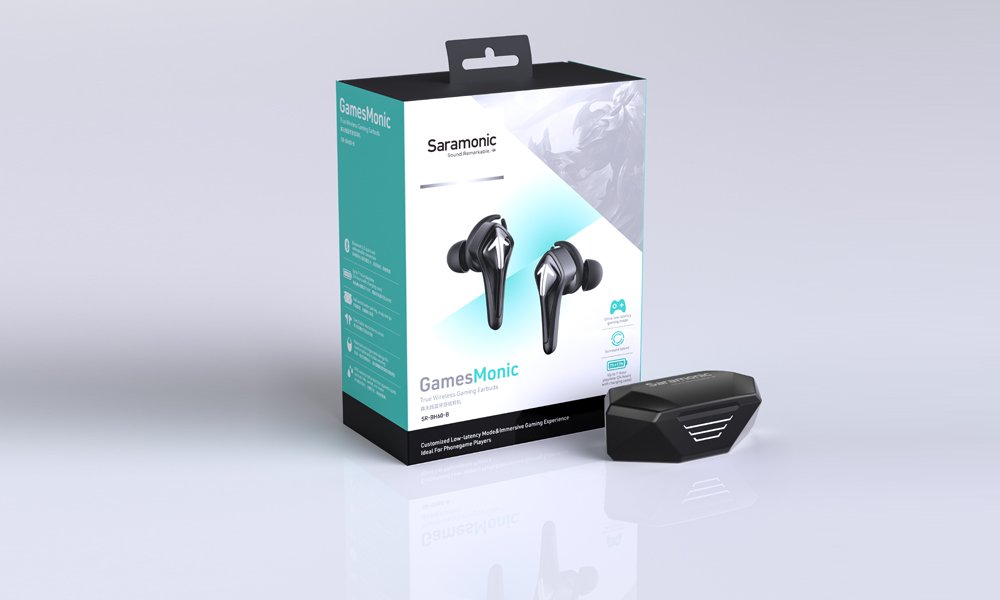 Tai nghe Gaming True Wireless Saramonic SR-BH60 - Đàm thoại cực tốt, Độ trễ thấp 60ms, Bluetooth 5.0 độc lập 2 tai, chống nước IPX5, Pin 24 giờ - Hàng Chính Hãng