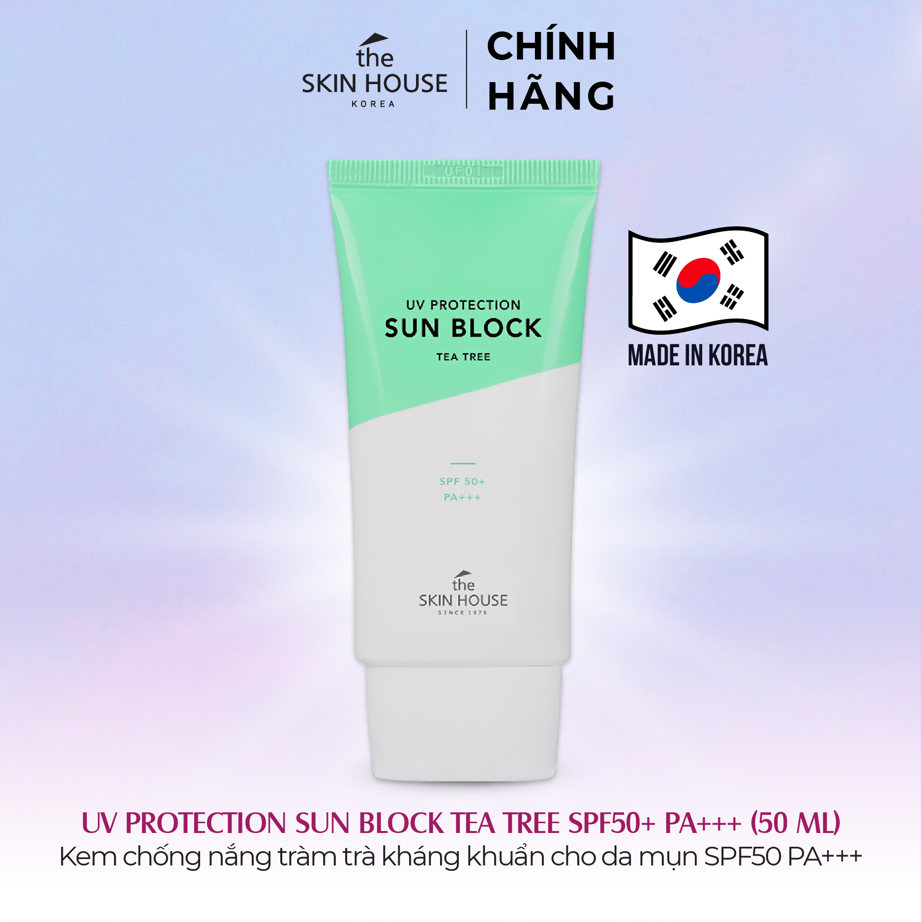 T61 Kem chống nắng tràm trà kháng khuẩn cho da mụn SPF50 PA+++  UV PROTECTION SUN BLOCK TEA TREE SPF50+ PA+++ 50ml