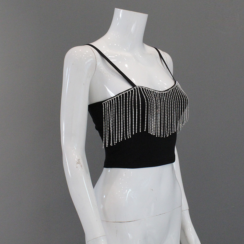 Áo crop-top hai dây Đen đính đá lấp lánh gợi cảm nổi bật phong cách Hàn Quốc cho Nữ