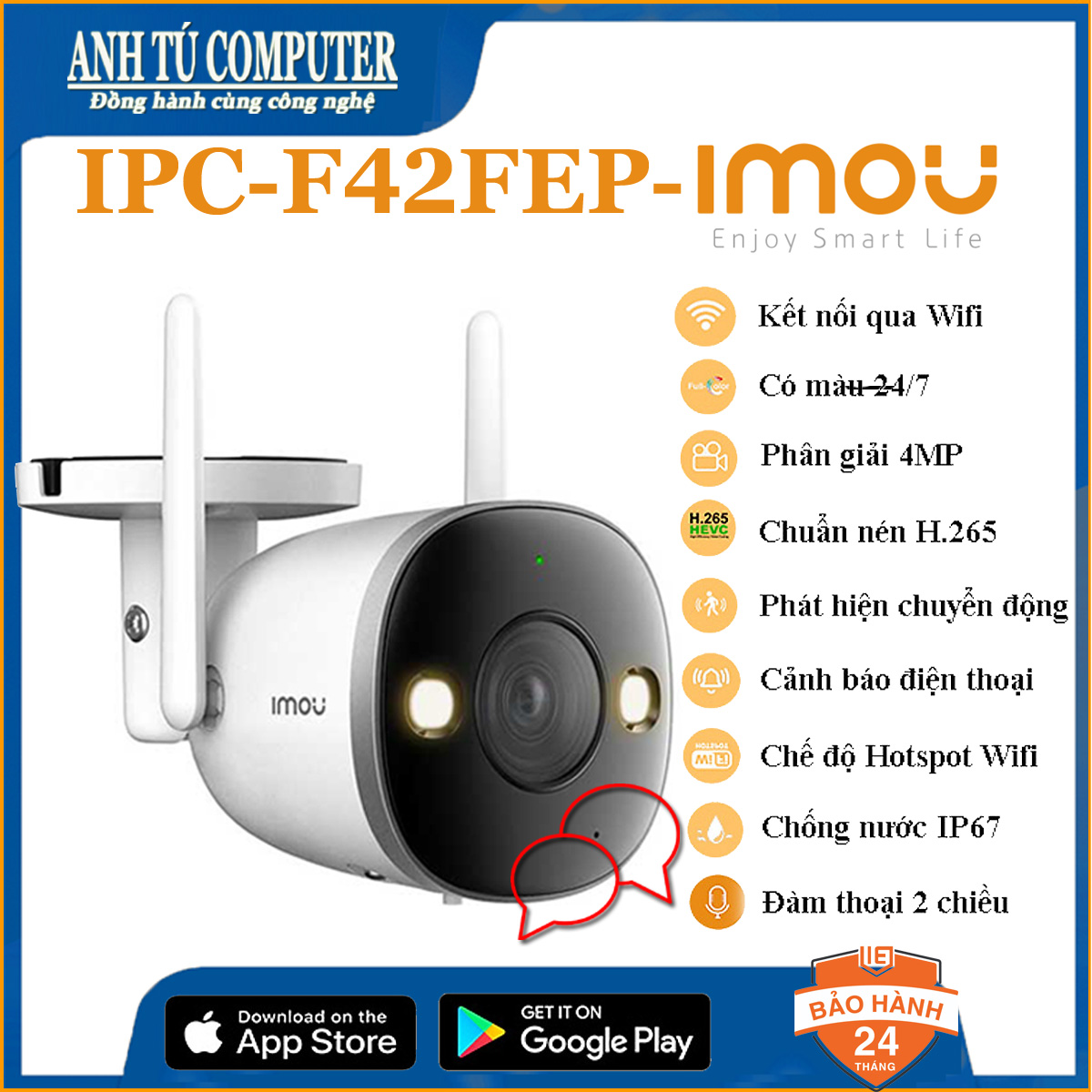 Camera WIFI FullColor 4MP có đàm thoại 2 chiều IMOU BULLET 2 IPC-F42FEP hàng chính hãng