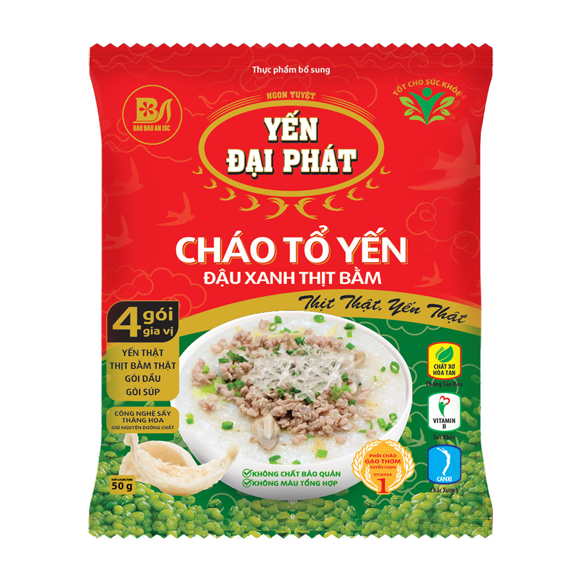 [Thùng 30 gói x 50gram] Cháo Tổ Yến Đậu Xanh Thịt Bằm - Yến Đại Phát , 4 gói gia vị, ăn liền, tiện lợi.