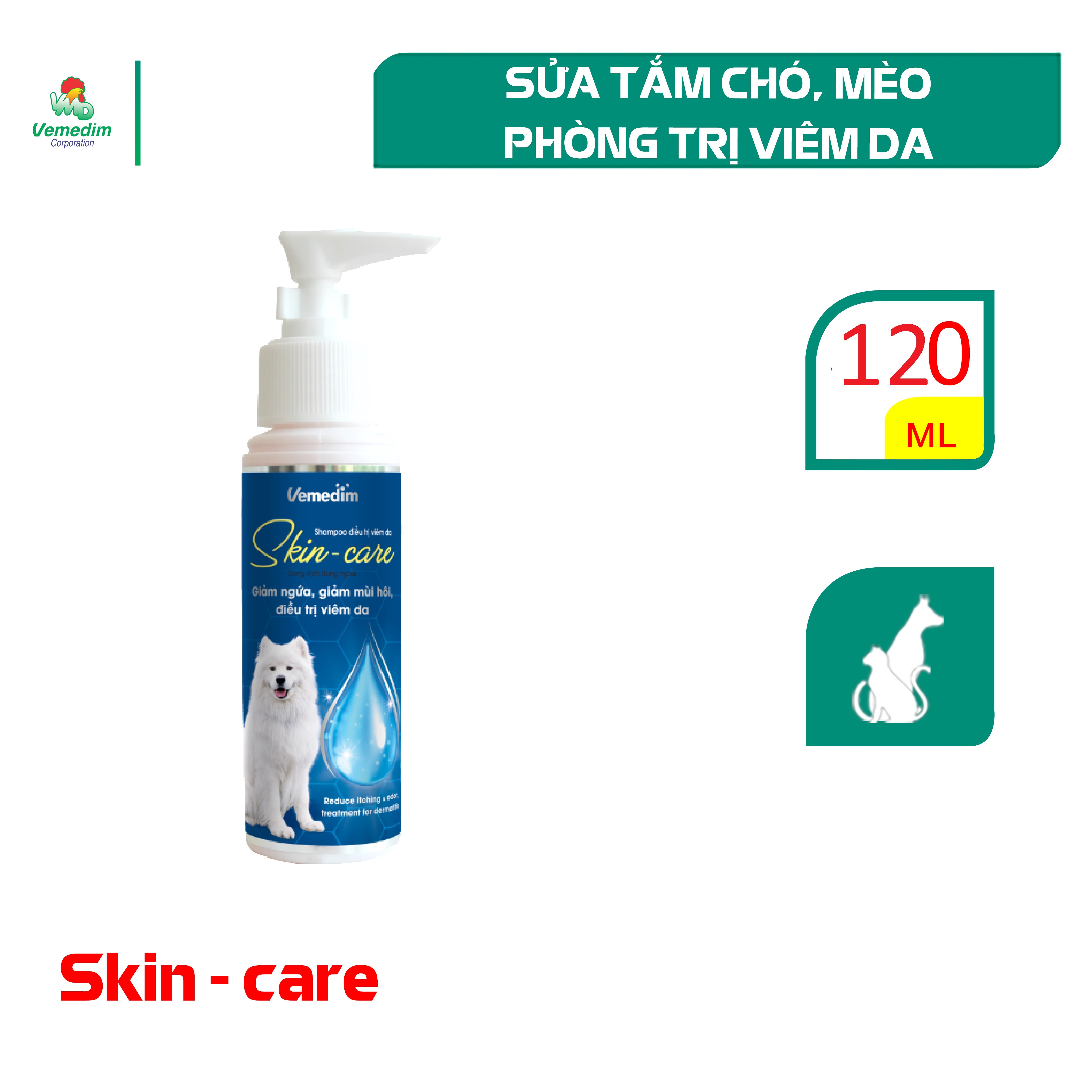 Vemedim Skin care sữa tắm chó mèo giúp giảm ngứa, giảm mùi hôi, phòng viêm da, da sần sùi, chai 120ml/chai 300ml