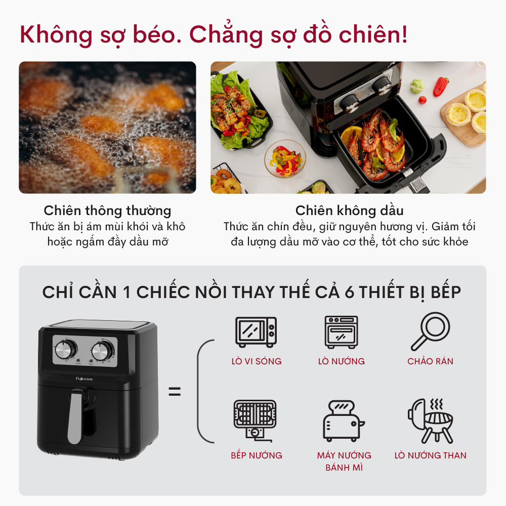 Nồi chiên không dầu 5L Nhật Bản Fujihome (đi kèm gắp) tự ngắt, lò chiên nướng không khí k dầu cơ 5 lít không hơi nước air fryer - Hàng Nhập Khẩu