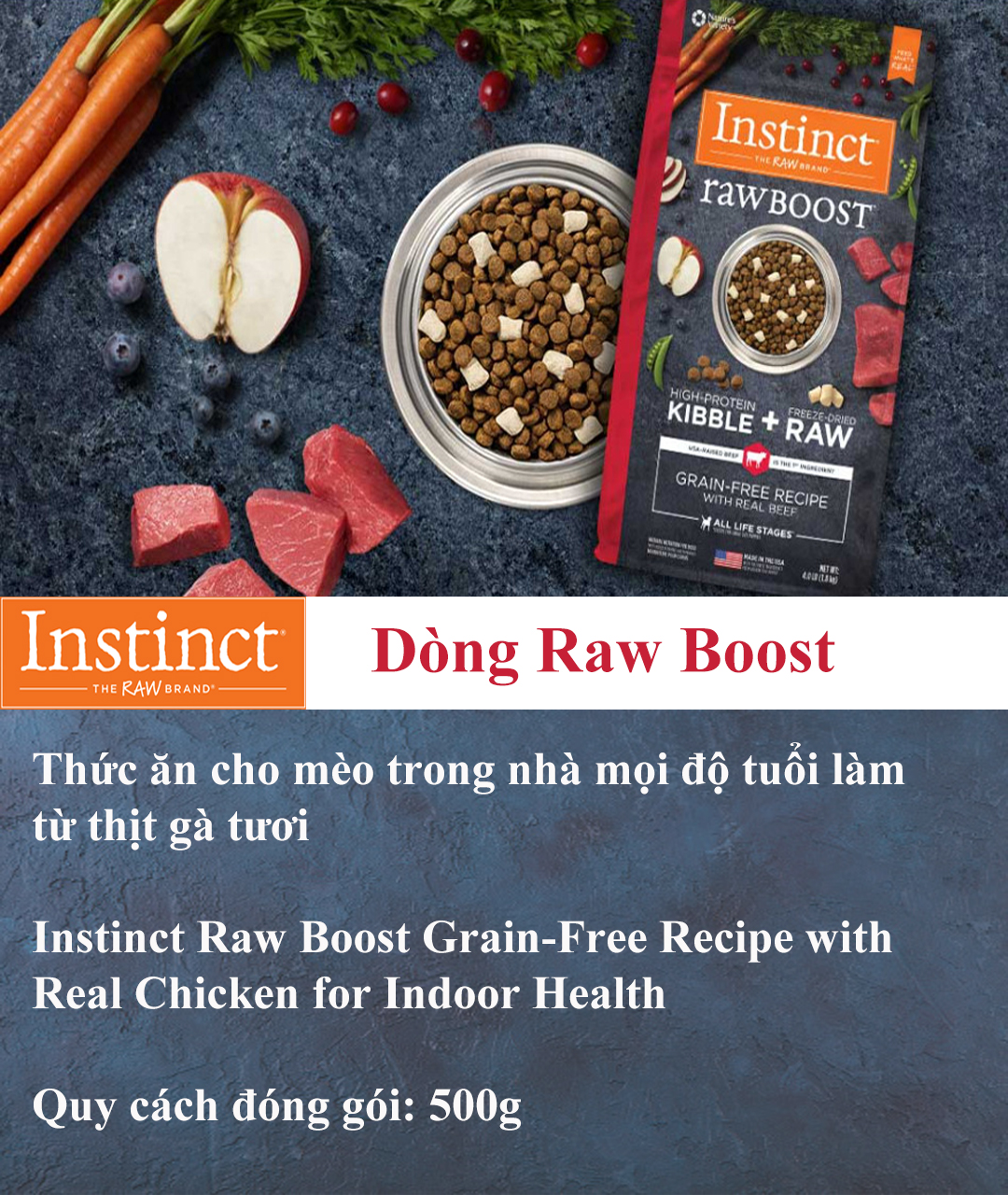 COMBO 3 GÓI 500g Thức ăn cho mèo trong nhà làm từ thịt gà tươi Instinct Raw Boost for Indoor Health (Túi 500g)