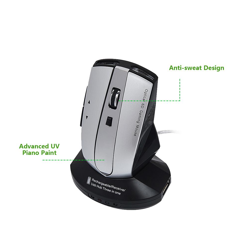 Chuột sạc không dây 2.4G chơi game 6D quang học với 4 cổng USB Hub Đế sạc MG-011