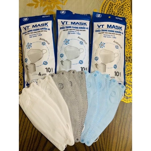 Sét 10 túi ( 100 cái ) khẩu trang 4D VT MASK KF94 , công nghệ dập Hàn , thiết kế ôm sát , dây đeo đàn hồi cao , bộ lọc 4 lớp