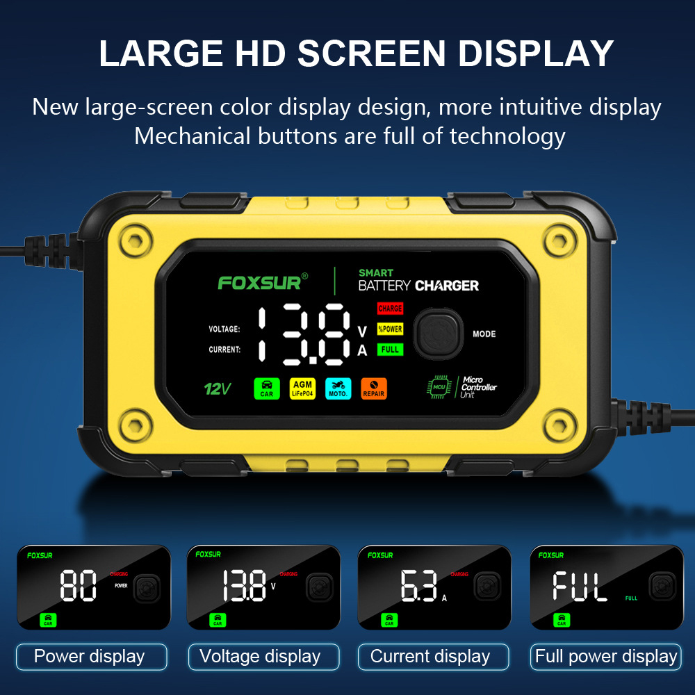 Sạc bình ắc quy FOXSUR FBC1207E 4Ah - 140Ah 7A 12V tự ngắt khử sunfat chống ngược cực