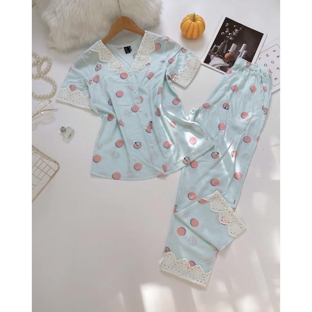 Pyjama Quần Dài Tay Ngắn Phối Ren Tole Lanh 40-68kg