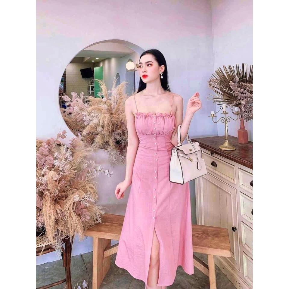 ĐẦM 2 DÂY - VÁY XANH HỒNG XÒE – THIẾT KẾ ÔM – GD0101