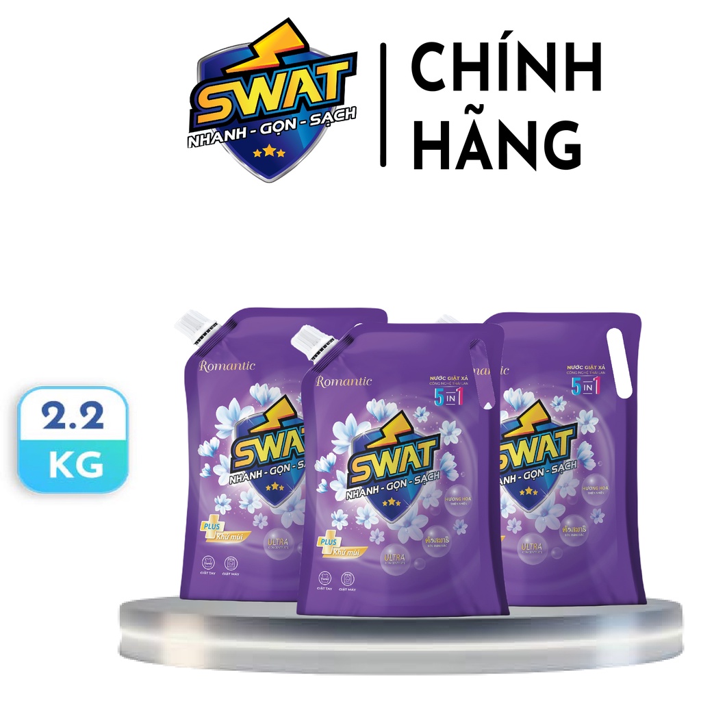 Combo 3 túi Nước Giặt Xả SWAT 5 in 1 hương Romantic túi 2.2kg - Tiện dụng, giúp diệt khuẩn, lưu hương lâu