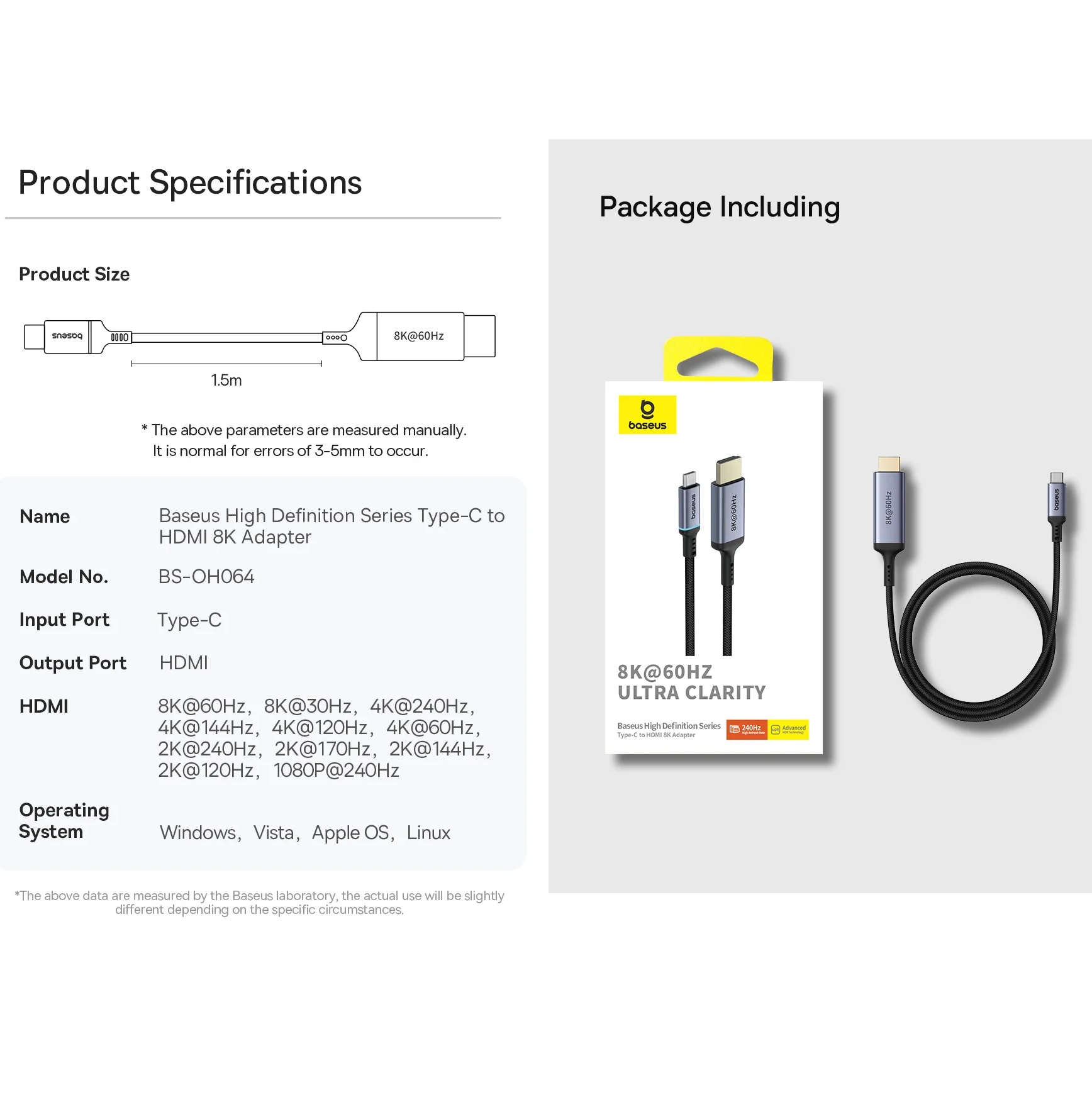 Dây Type C to Displayport (DP) truyền tải video 8K@60Hz tích hợp sạc PD 100W Baseus High Definition BS OH176 _ hàng chính hãng