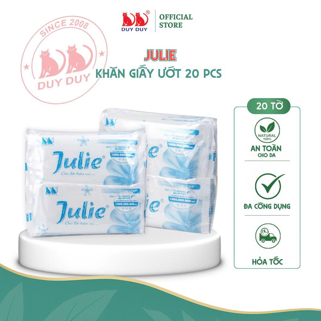 Combo 10 Gói  Khăn lạnh dùng một lần Julie xanh dương vải bi 20 cái 24x24cm hương hoa hồng không hóa chất dùng một lần tiện lợi