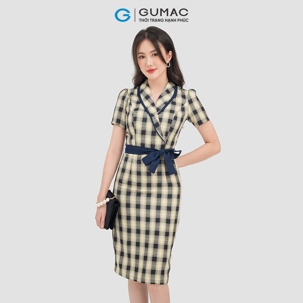 Đầm dáng ôm nữ GUMAC DC07018,sọc ca rô cổ vest phối nơ sang trọng