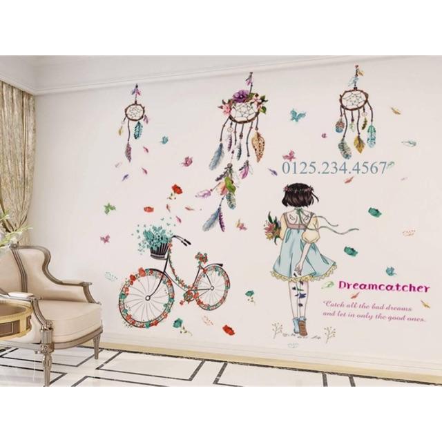 Decal dán tường Combo 2 tranh cô gái xe đạp + lưới giấc mơ