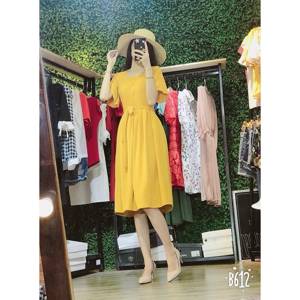 Đầm xòe cộc tay khuy trước đũi lụa nhật thời trang