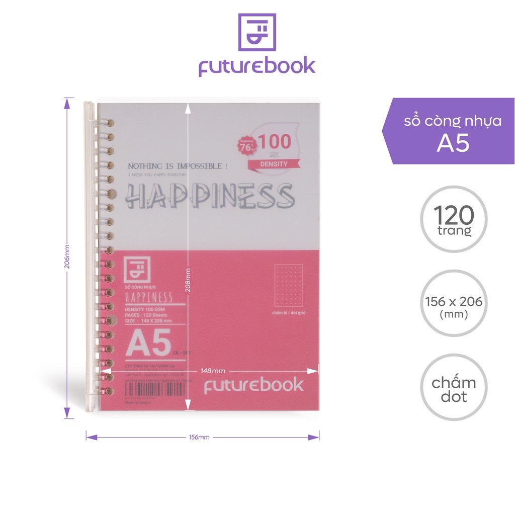 FUTUREBOOK-Sổ Còng Nhựa Happiness A5 20Chấu-120Trang-Định Lượng 100Gsm.Dòng Kẻ Chấm Dot.MÃ SP B591