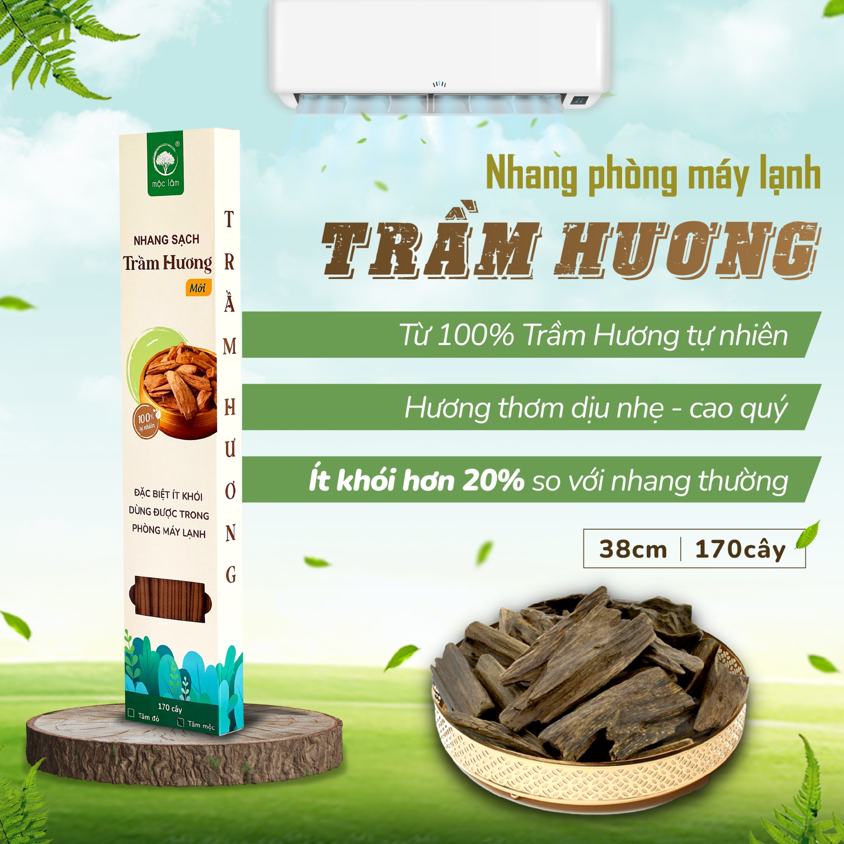 Nhang Trầm Hương MỘC LÂM - 38cm- Nhang sạch ít khói - Hương thơm dịu nhẹ - Dùng trong phòng máy lạnh