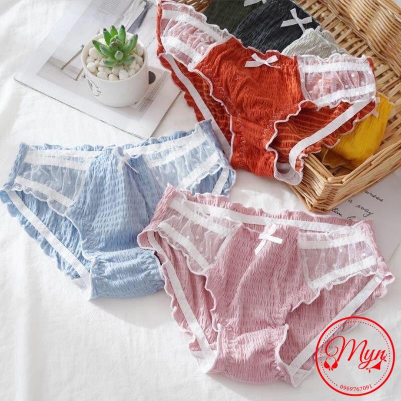 QUẦN LÓT COTTON SỢI BÔNG BÈO NHÚN PHA REN ĐÍNH NƠ