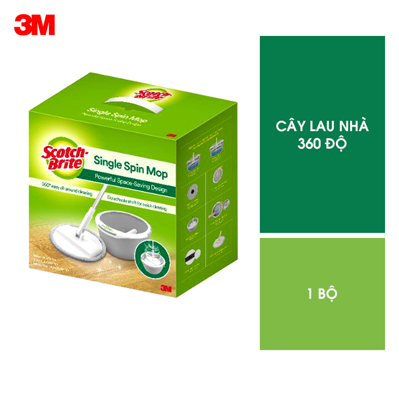 Bộ cây lau nhà 360 độ Scotch - Brite 3M Thế hệ mới, chất lượng cao cấp, nhỏ gọn, bông lau microfiber lấy sạch bụi bẩn