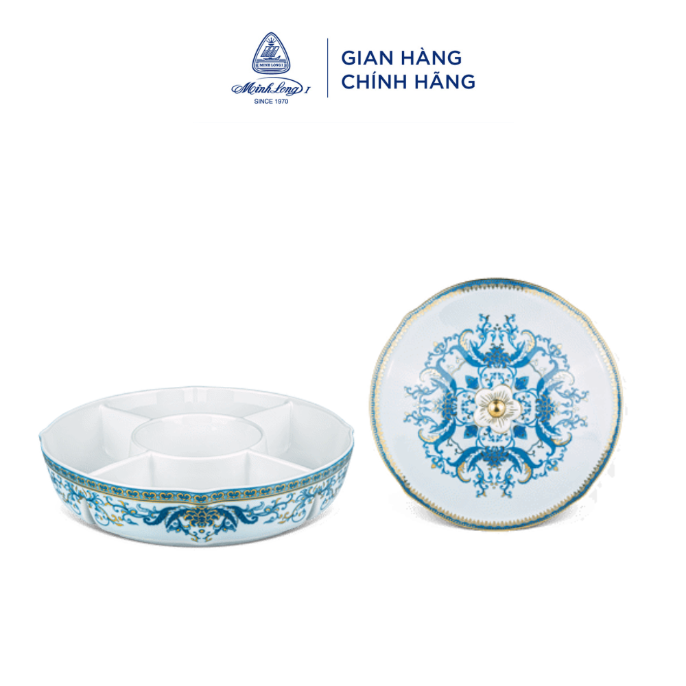 Khay Mứt Tròn Sứ Cao Cấp Minh Long 5 ngăn 24cm + nắp - Sen Ngọc