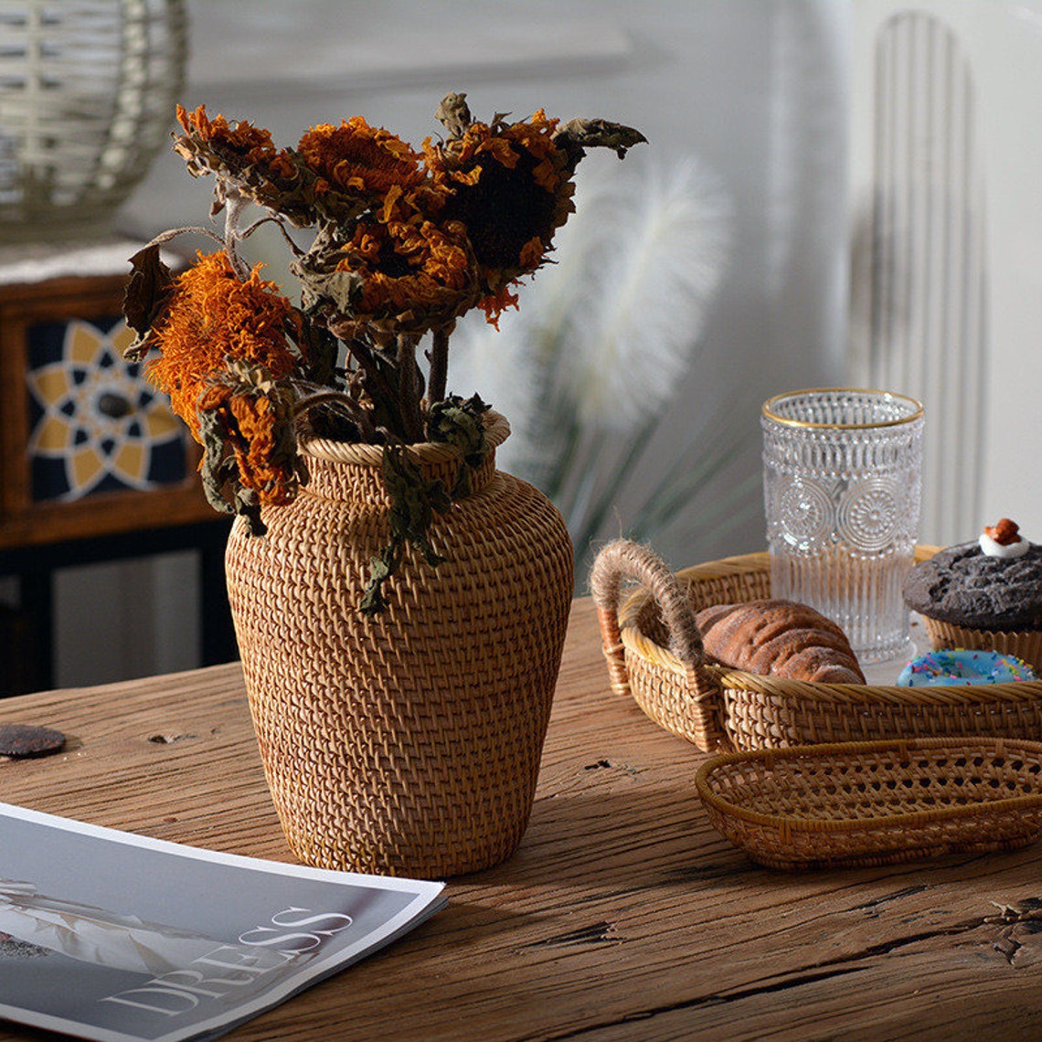 Bình hoa mây ECOHUB, bình hoa khô phòng khách,phòng ngủ, hoa trang trí (Rattan Flower Basket)