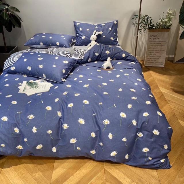 Set Chăn Ga Gối Cotton Living Hàng Nhập Khẩu Cao Cấp 4 Món Cúc Hoạ Mi Xanh