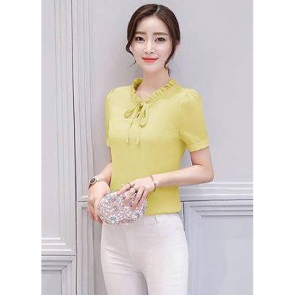 Aó công sở cổ nhún cột nơ tay con