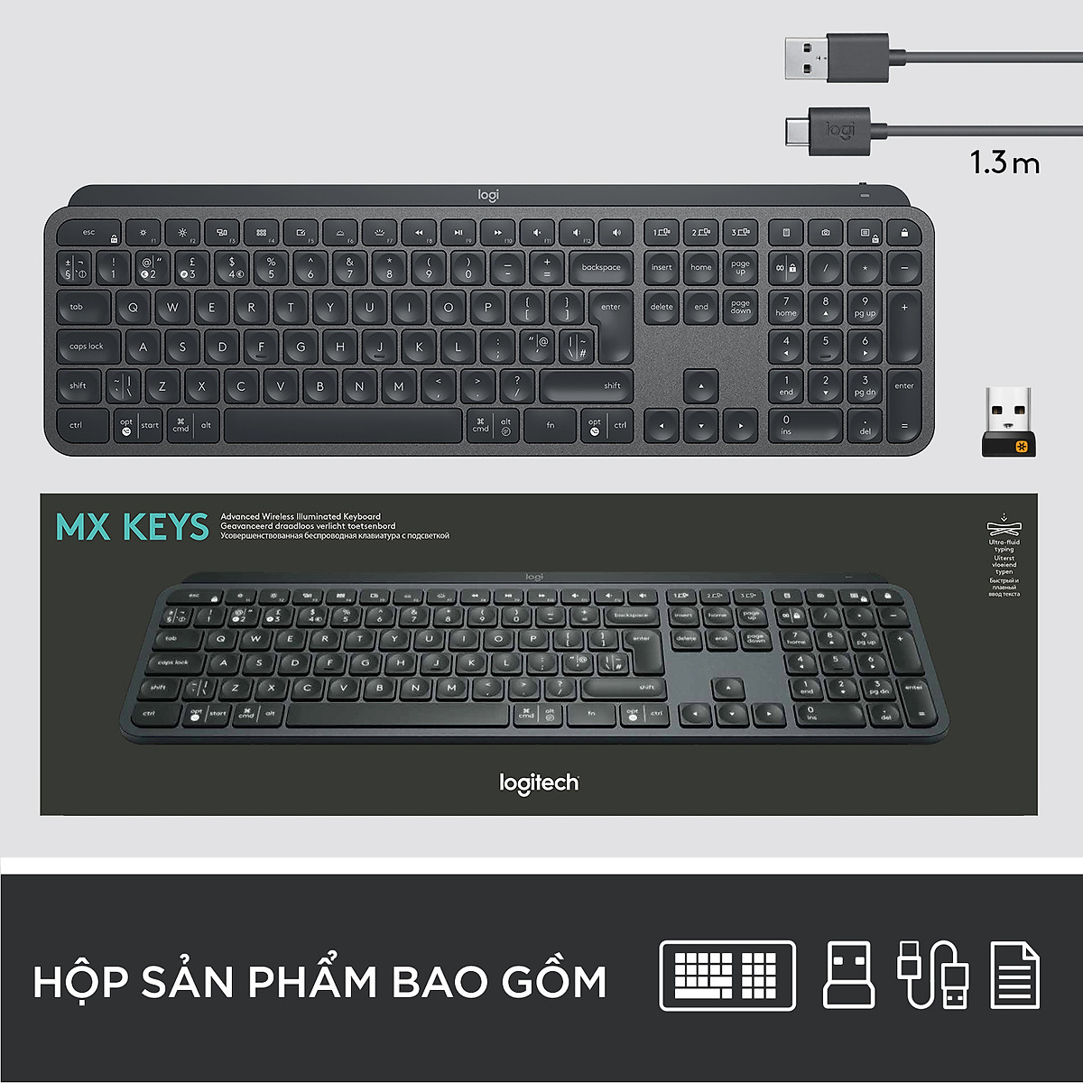 Bàn phím không dây Bluetooth Logitech MX Keys - đa thiết bị, sạc nhanh, Mac/ PC -Hàng chính hãng