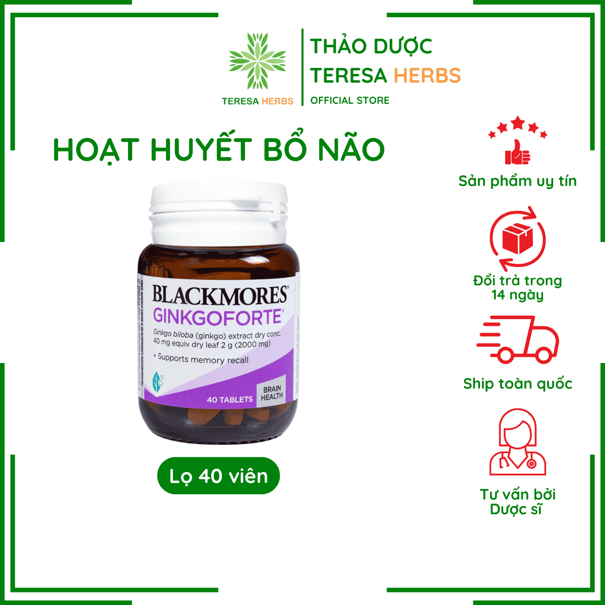 Viên Uống Hoạt Huyết Bổ Não Blackmores Ginkgo Forte Hộp 40 viên