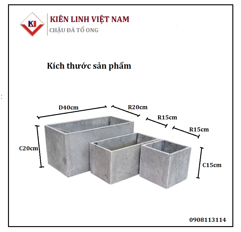 Combo 3 Chậu trồng cây ban công hình vuông 15cm, hình chữ nhật dài 30cm và chữ nhật dài 40cm trồng hoa treo tường giếng trời, thông tầng nhà phố bằng đá ong xám tự nhiên đẹp và bền chắc