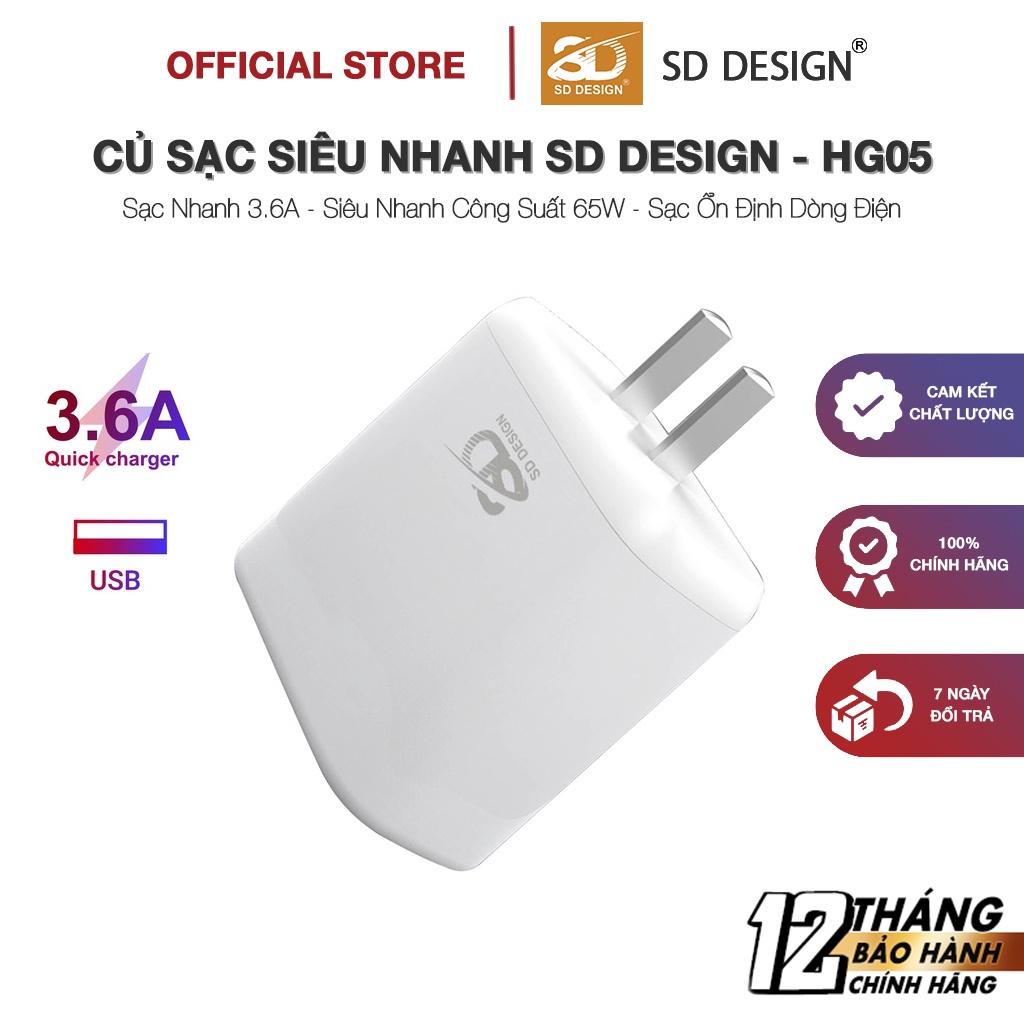 Củ sạc nhanh 65W HG05 hãng SD Design, sạc nhanh công suất lớn, an toàn, bảo hành 1 đổi 1