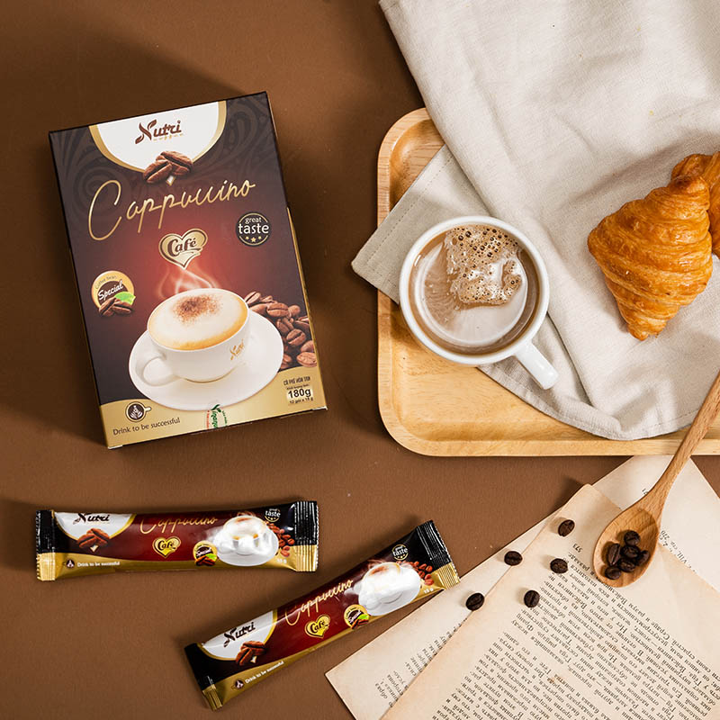 Cà phê capuchino Vinanutrifood C01, cafe thơm ngon hấp dẫn cùng vị béo ngậy tạo sự cuốn hút, giúp khơi dậy tinh thần, sự sảng khoái tỉnh táo để làm việc, học tập hiệu quả, đảm bảo an toàn thực phẩm tiêu chuẩn GMP - WHO (15g x 12 gói)