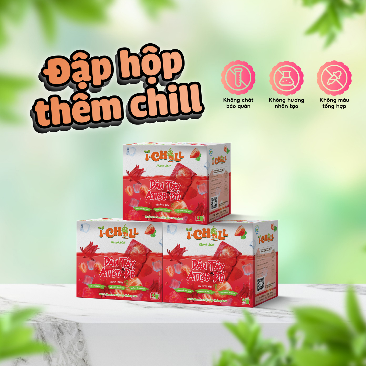 iChill Dâu Tây Atiso Đỏ Nước Thanh Nhiệt Sấy Thăng Hoa Từ Trái Cây Tự Nhiên 4 Gói X Hộp, Không Chất Bảo Quản, ISO 22000, HACCP, BRC