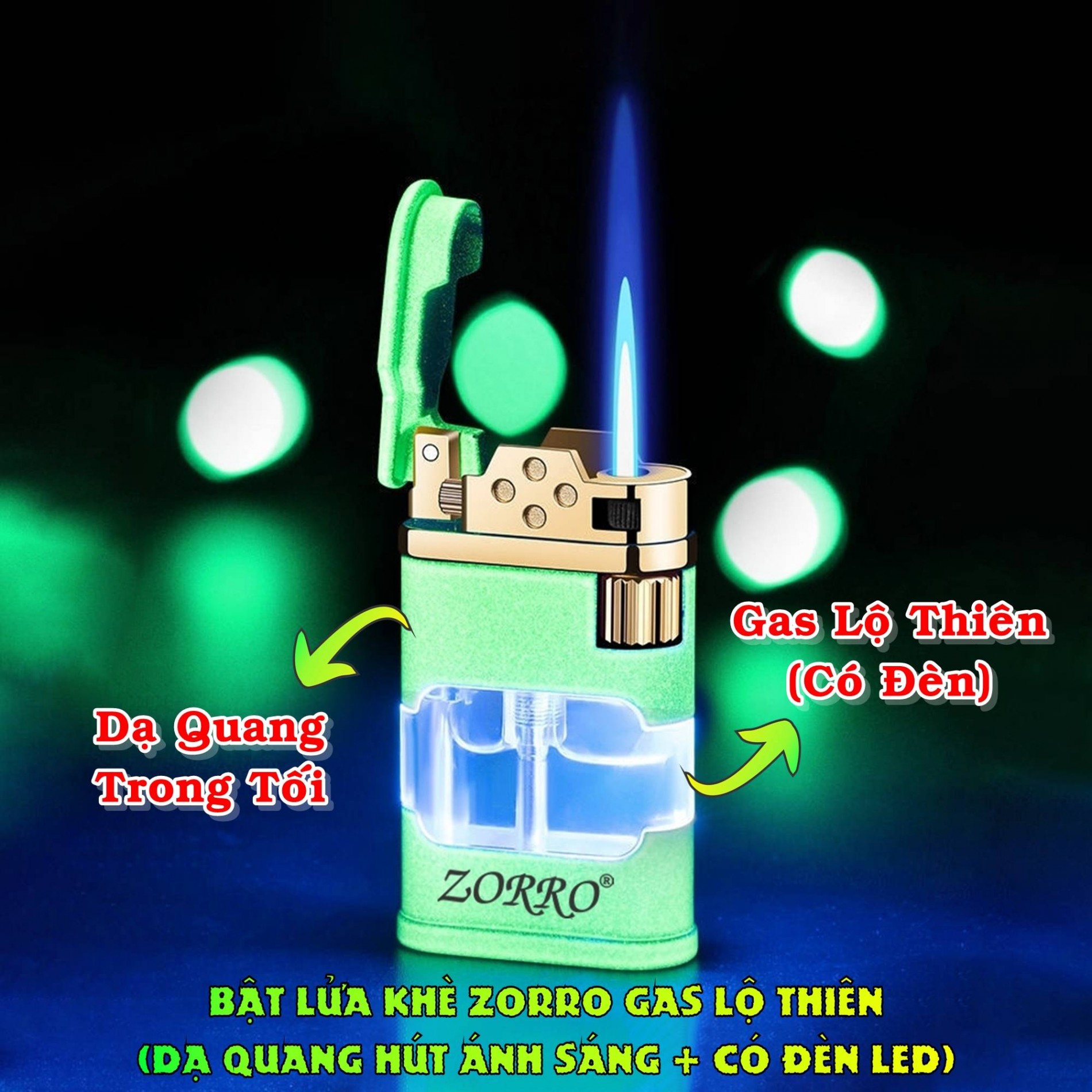 Hột quẹt bật lửa khè gas lộ thiên dạ quang hút ánh sáng -