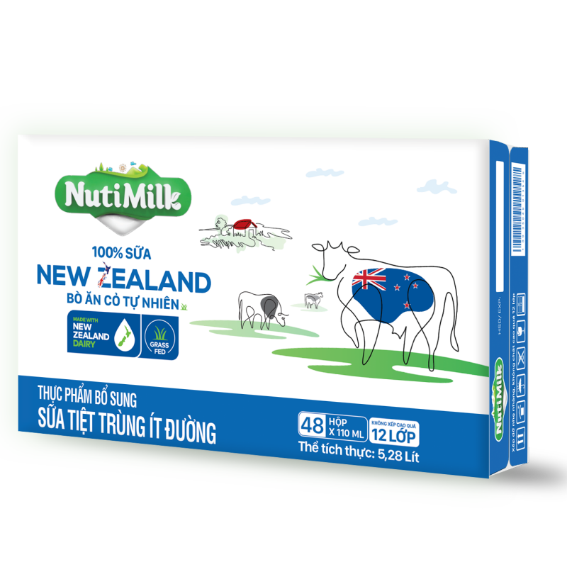 Thùng 48 Hộp NutiMilk 100% Sữa New Zealand Bò ăn cỏ tự nhiên Ít đường 110ml TU.NZSID110TI NUTIFOOD