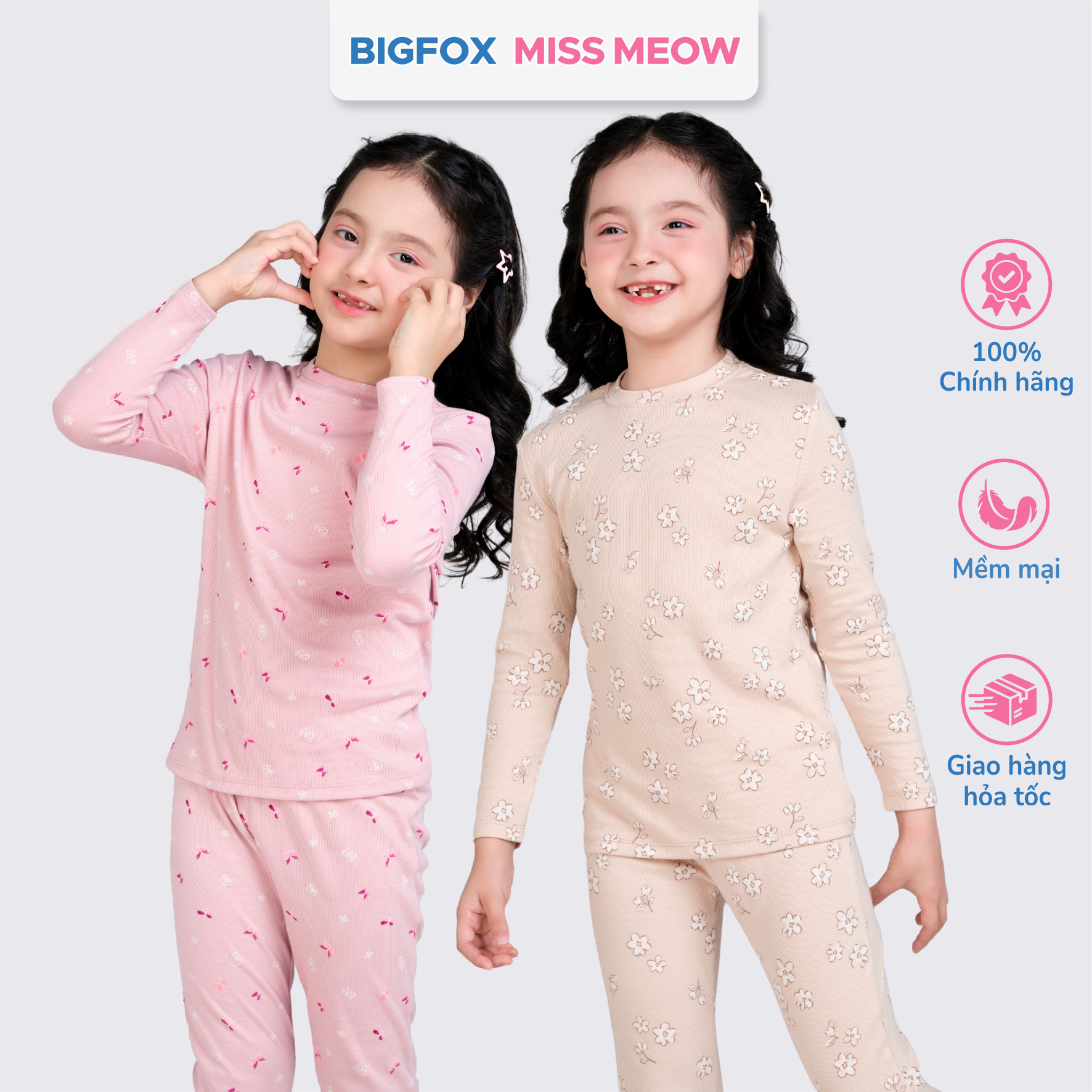 Bộ dài tay cho bé gái Bigfox Miss Meow vải bozip mặc nhà mùa thu đông size đại trẻ em 3-11 tuổi 35kg
