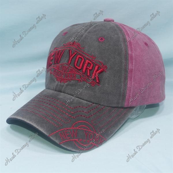 Nón kết hàng quảng châu, mũ lưỡi trai thêu chữ New York Since 1985 vải kaki oát loang cao cấp vòng đầu 56-60cm - Chữ Đỏ thẩm