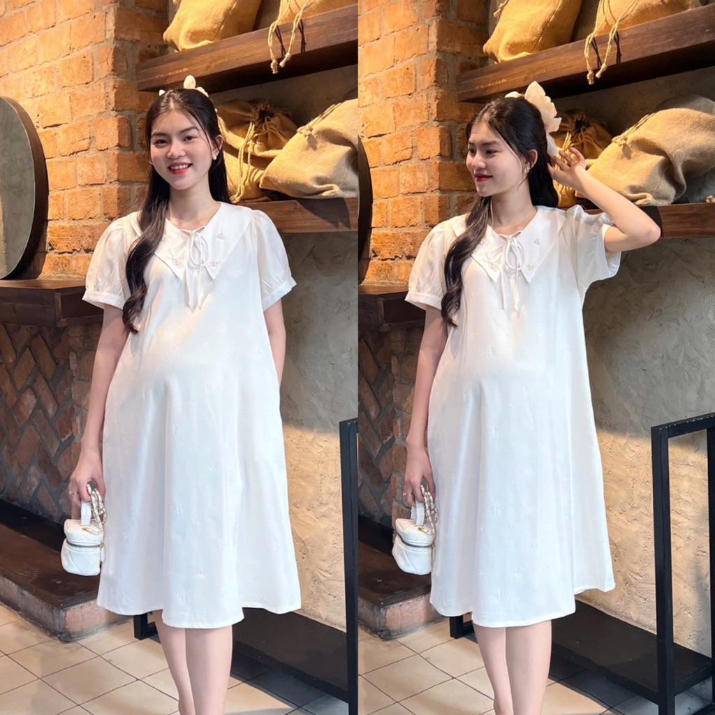Đầm bầu xước pháp dập bông cổ đính cườm đính nơ sang trọng, thanh lịch váy cho mẹ Váy Bầu Sandal - Xanh bơ