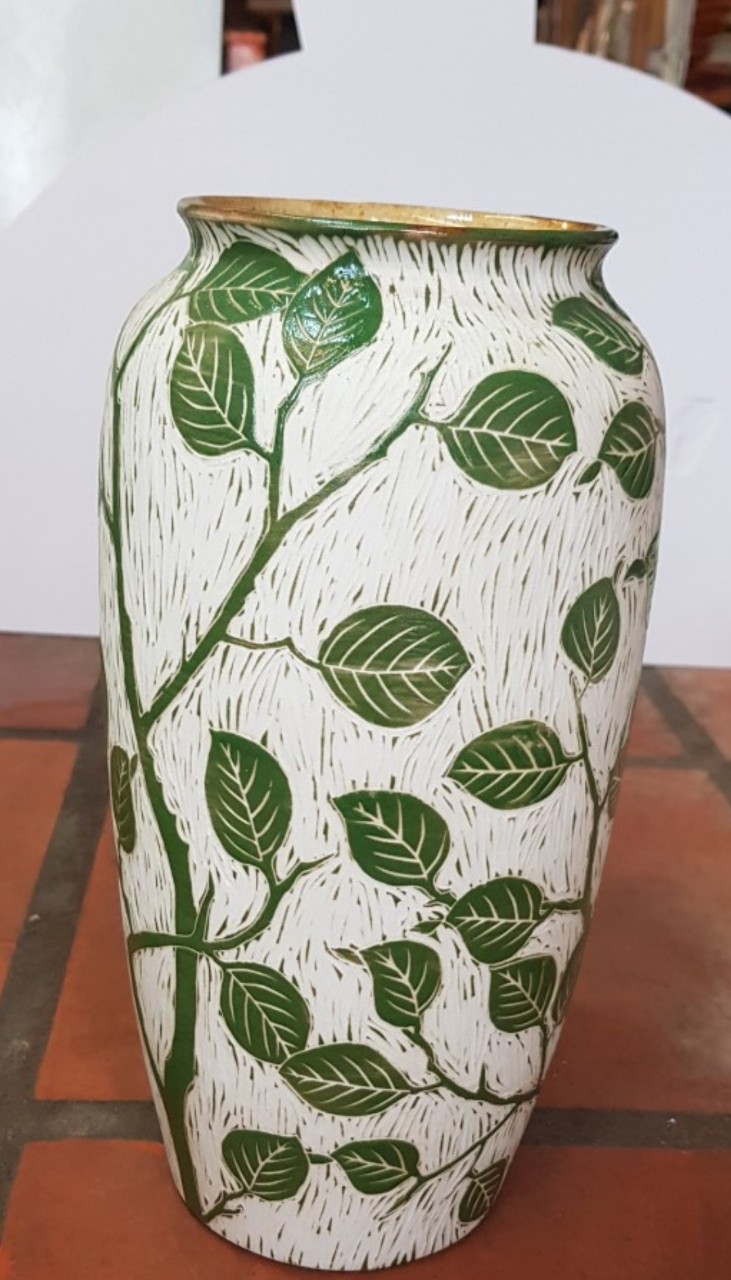 Bình hoa dạng ống tròn, họa tiết cây lá xanh men nhám thô, cao 28cm, trang trí nhà cửa, quà tặng tân gia, sinh nhật, gốm Bát Tràng. Giao từ HCM