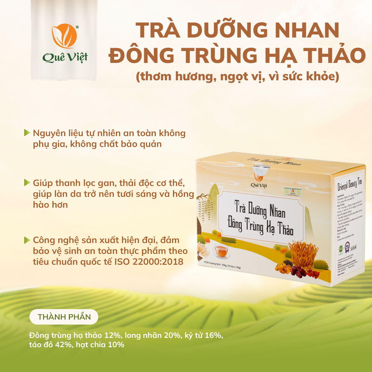 Combo 2 hộp - Trà dưỡng nhan đông trùng hạ thảo Quê Việt + tặng 1 mặt nạ Hàn Quốc ( prettyskin) ngẫu nhiên - Hộp 150g (10g x 15 túi) Nước Trà Chè Tea