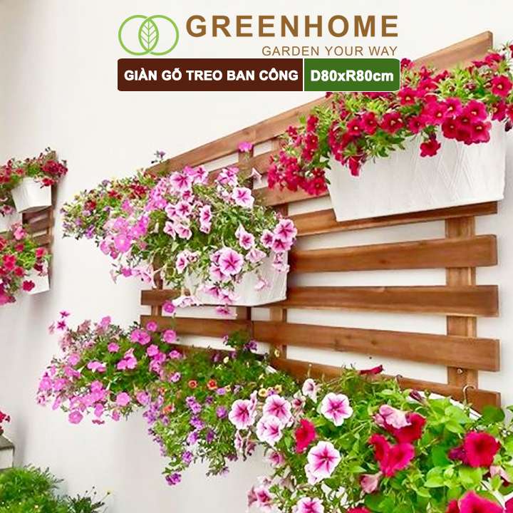 Giàn gỗ treo ban công, Greenhome, R80xC80cm, gỗ tràm siêu bền, màu gỗ, làm khung hoa hồng leo, bông giấy