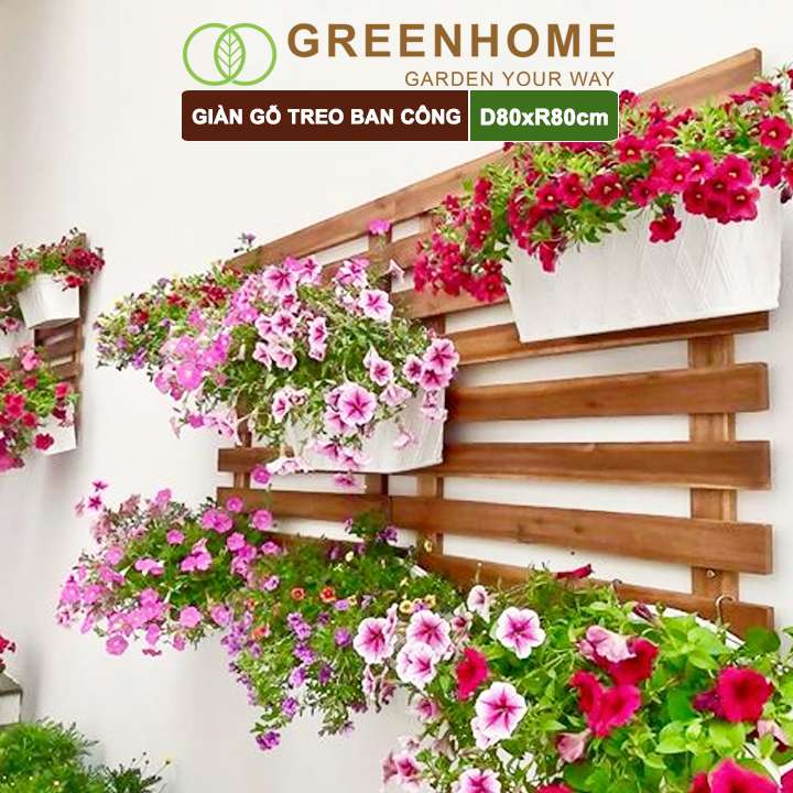 Giàn gỗ treo ban công, Greenhome, R80xC80cm, gỗ tràm siêu bền, màu gỗ, làm khung hoa hồng leo, bông giấy