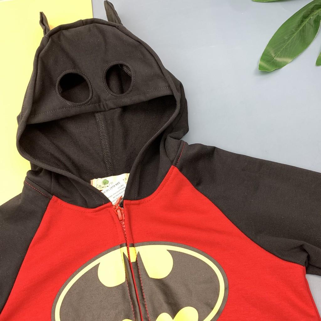 Áo khoác nỉ mũ batman, spiderman size 3/10T. Kéo khóa, có mũ nhìn rất yêu