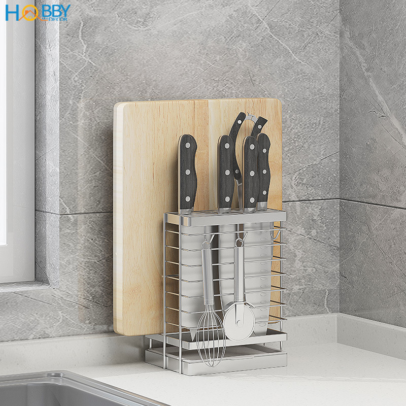 Kệ cắm dao thớt kèm 3 móc treo đồ Hobby Home Decor DD2N3 chuẩn Inox 304 không rỉ sét - kèm khay hứng nước