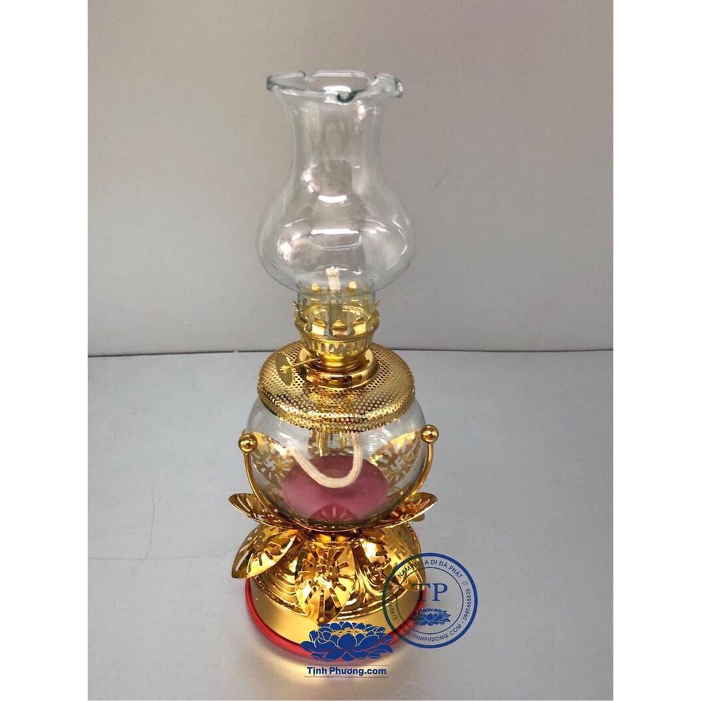 Đèn THờ Đốt Dầu THỦY TINH ĐẾ SEN HỢP KIM Tặng kèm 1 chai dầu 1 lít KH1766