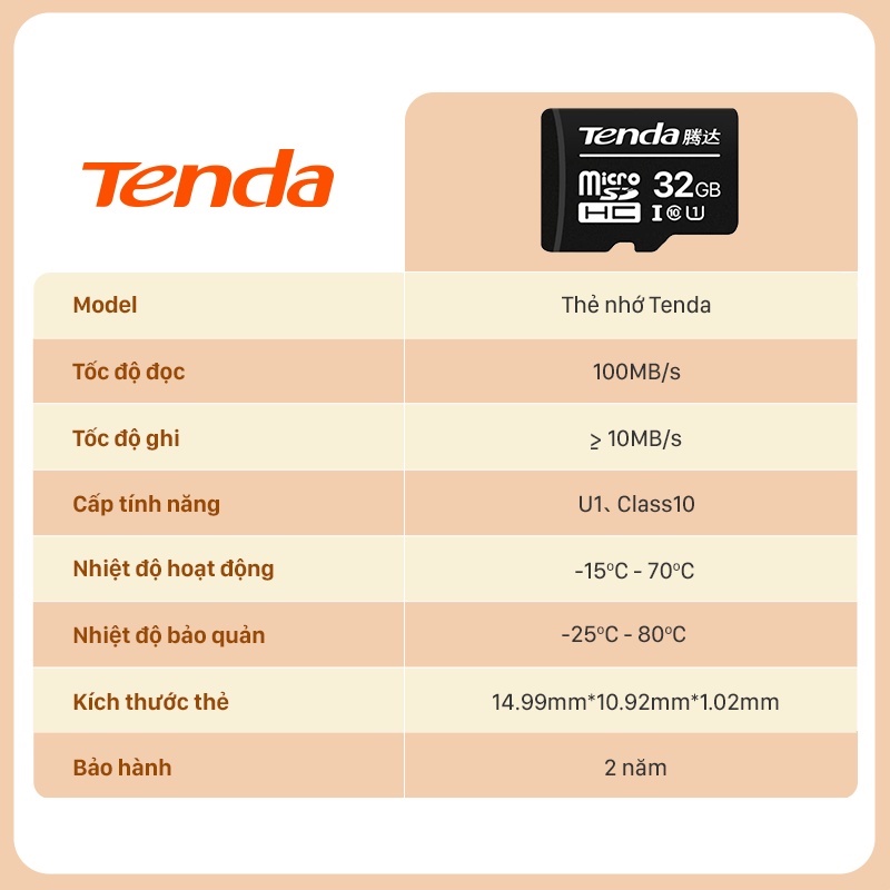 Thẻ nhớ microSDHC Tenda 32GB upto 100MB/s - Hàng chính hãng