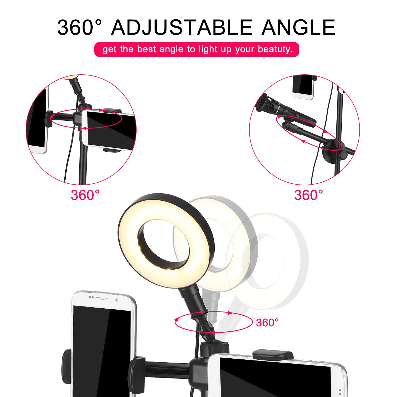 Đèn vòng tự sướng với giá đỡ điện thoại và đế micrô 3 chế độ ánh sáng 9 mức độ sáng cho video phát trực tiếp