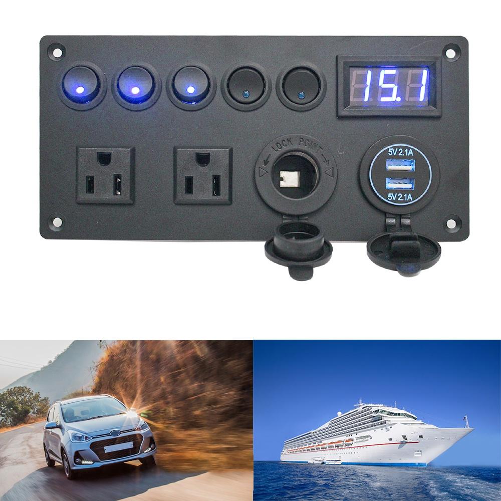 Vôn kế điện áp 12V/24V phích cắm kiểu Mỹ có màn hình led kỹ thuật số + 5 công tắc lật + hai cổng USB cho xe hơi