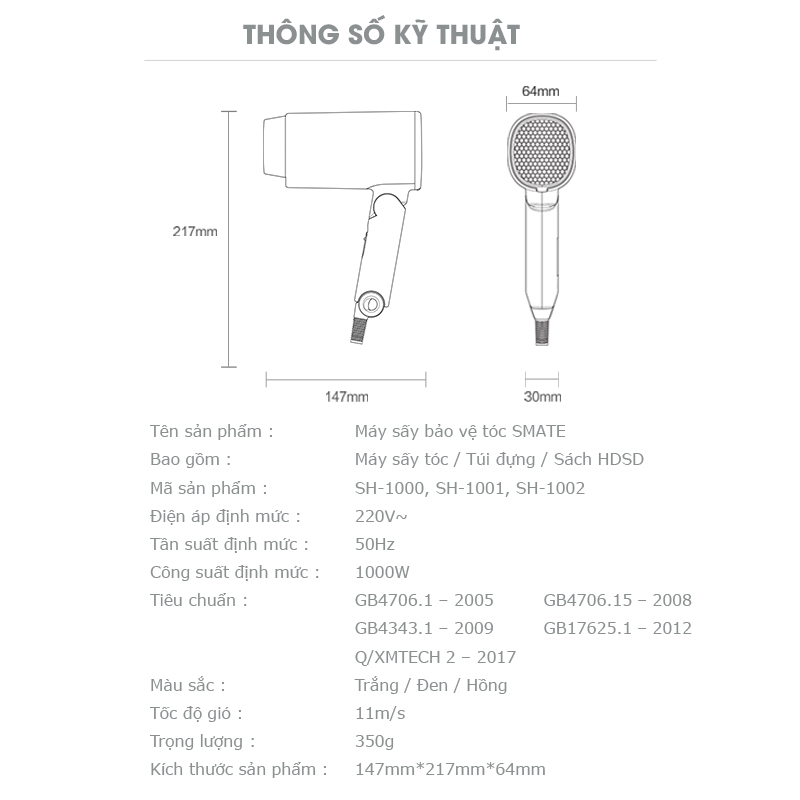 Máy Sấy Tóc Tạo Kiểu Smate SH-1000 - 3 Chế Độ Nhiệt Sấy Nóng Lạnh Mau Khô & Bảo Vệ Tóc Công Nghệ Ion Âm